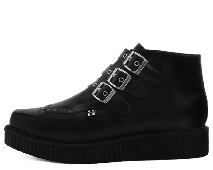 TUK Shoes Boots Women Black Vegan TUKskin 3Buckle Strap Pointed Toe Creeper Boots