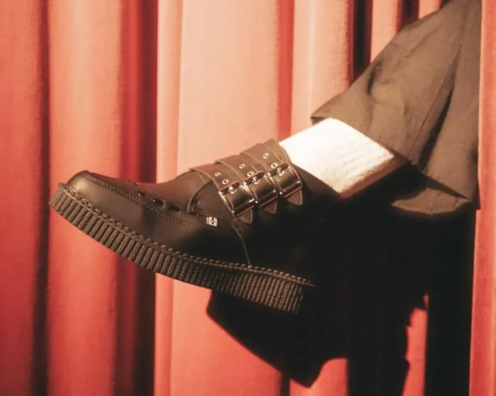 TUK Shoes Boots Women Black Vegan TUKskin 3Buckle Strap Pointed Toe Creeper Boots