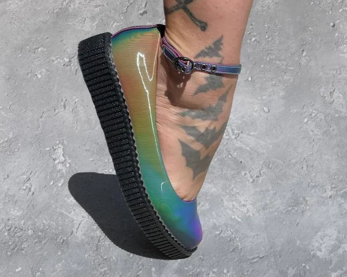 TUK Shoes Mary Janes Women Black Holographic Vegan Pointed Ballet Creepers TUK Shoes Mary Janes Women Black Holographic Vegan Pointed Ballet Creepers