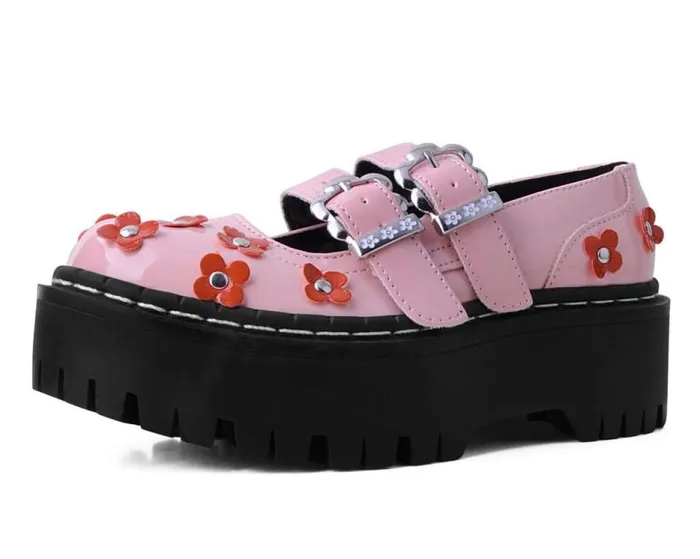 TUK Shoes Mary Janes Women Pink and Red Patent Flower Double Decker Mary Jane