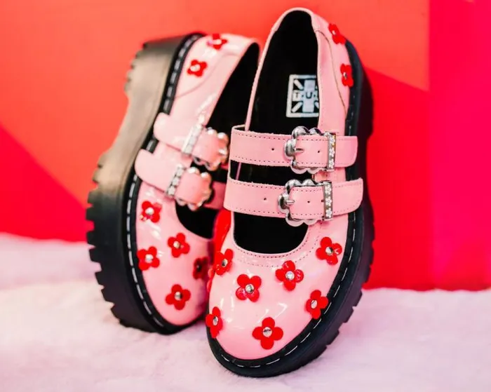 TUK Shoes Mary Janes Women Pink and Red Patent Flower Double Decker Mary Jane