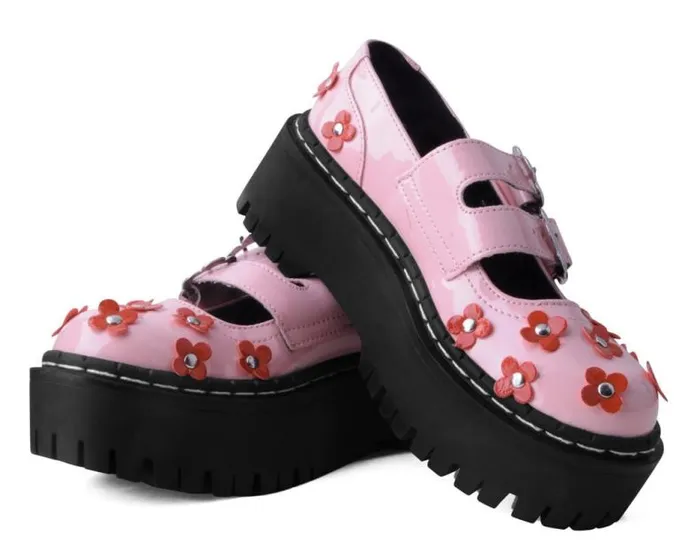 TUK Shoes Mary Janes Women Pink and Red Patent Flower Double Decker Mary Jane