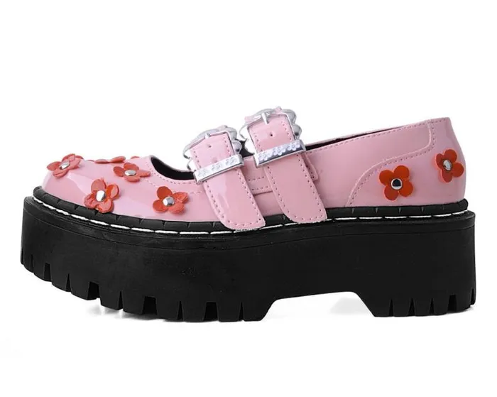 TUK Shoes Mary Janes Women Pink and Red Patent Flower Double Decker Mary Jane