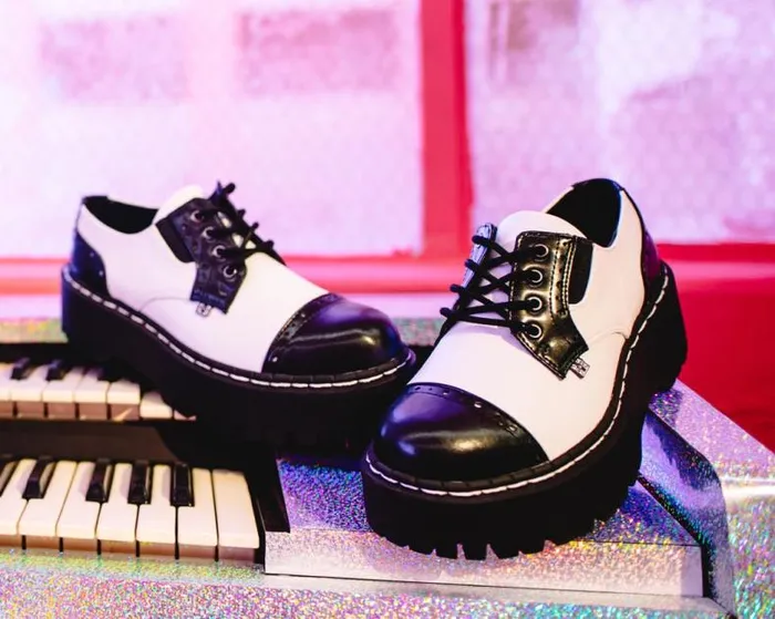 TUK Shoes Platforms Women Black and White TUKskin Double Decker Brogue