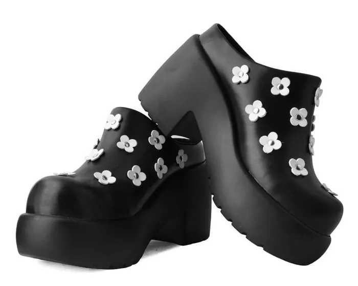 TUK Shoes Platforms Women Black Burnished White Flower Anarchic Bubble Clog TUK Shoes Platforms Women Black Burnished White Flower Anarchic Bubble Clog