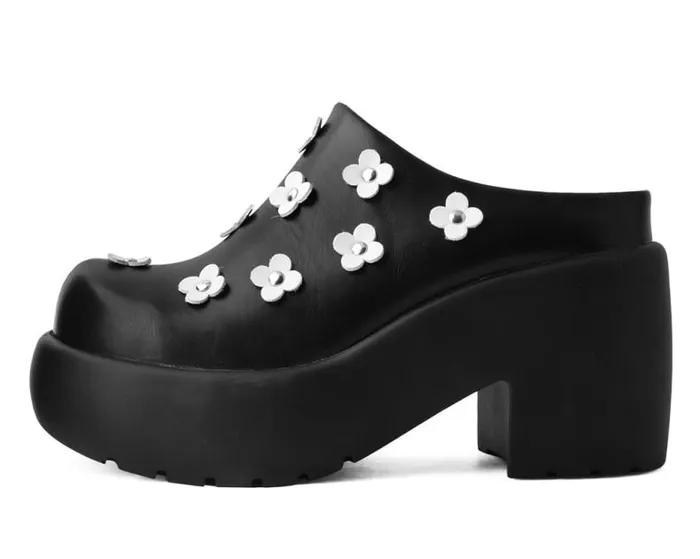TUK Shoes Platforms Women Black Burnished White Flower Anarchic Bubble Clog TUK Shoes Platforms Women Black Burnished White Flower Anarchic Bubble Clog