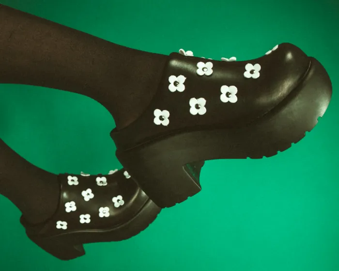 TUK Shoes Platforms Women Black Burnished White Flower Anarchic Bubble Clog TUK Shoes Platforms Women Black Burnished White Flower Anarchic Bubble Clog