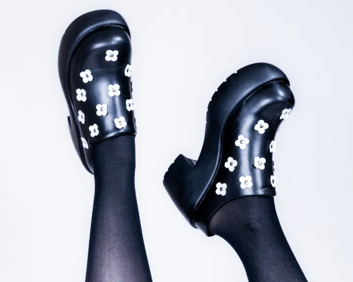 TUK Shoes Platforms Women Black Burnished White Flower Anarchic Bubble Clog TUK Shoes Platforms Women Black Burnished White Flower Anarchic Bubble Clog