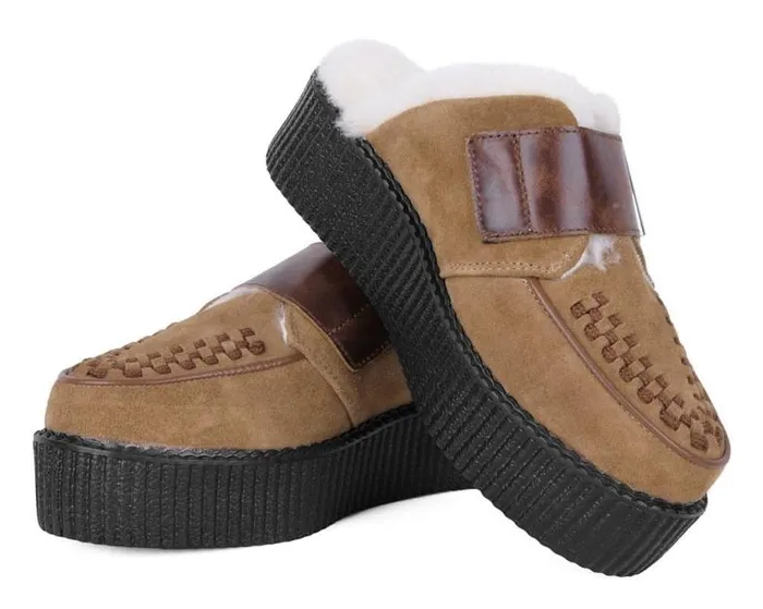 TUK Shoes Platforms Women Brown Suede Wool Creeper Mule