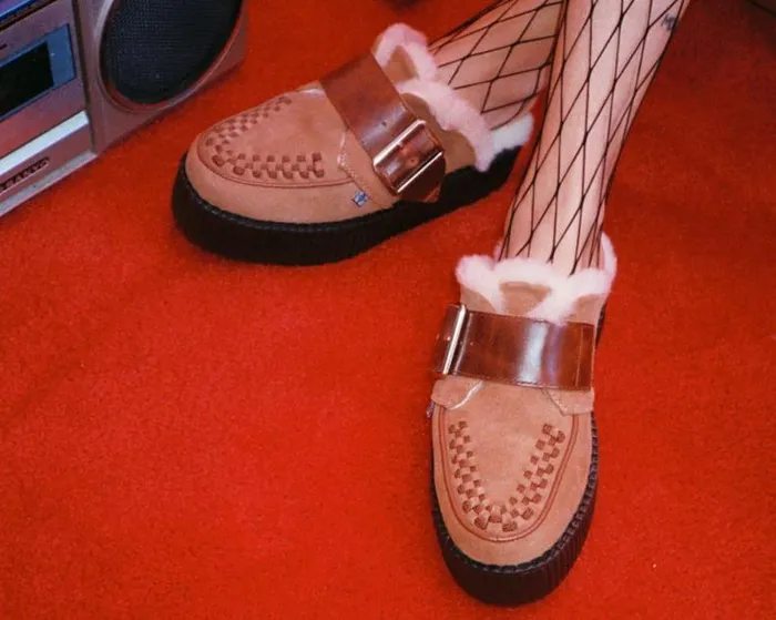 TUK Shoes Platforms Women Brown Suede Wool Creeper Mule