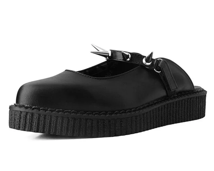 TUK Shoes Sandals Women Black Vegan Tukskin Spike Strap Pointed Mule Creeper Shoe