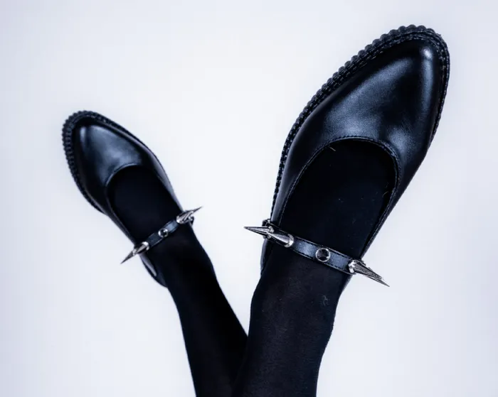 TUK Shoes Sandals Women Black Vegan Tukskin Spike Strap Pointed Mule Creeper Shoe TUK Shoes Sandals Women Black Vegan Tukskin Spike Strap Pointed Mule Creeper Shoe
