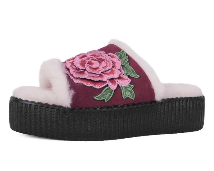 TUK Shoes Sandals Women Burgundy Wool Flower Slide