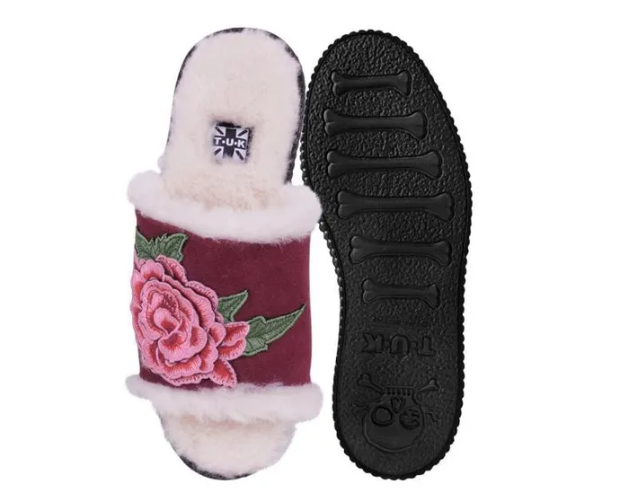 TUK Shoes Sandals Women Burgundy Wool Flower Slide TUK Shoes Sandals Women Burgundy Wool Flower Slide
