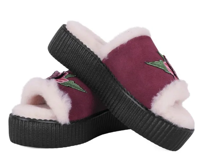 TUK Shoes Sandals Women Burgundy Wool Flower Slide TUK Shoes Sandals Women Burgundy Wool Flower Slide