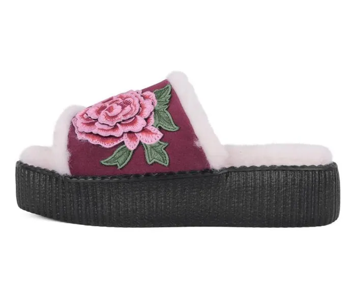 TUK Shoes Sandals Women Burgundy Wool Flower Slide TUK Shoes Sandals Women Burgundy Wool Flower Slide