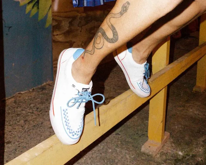 TUK Shoes Sneakers Women White TUKskin Blue and Red Trim Interlace Sneaker