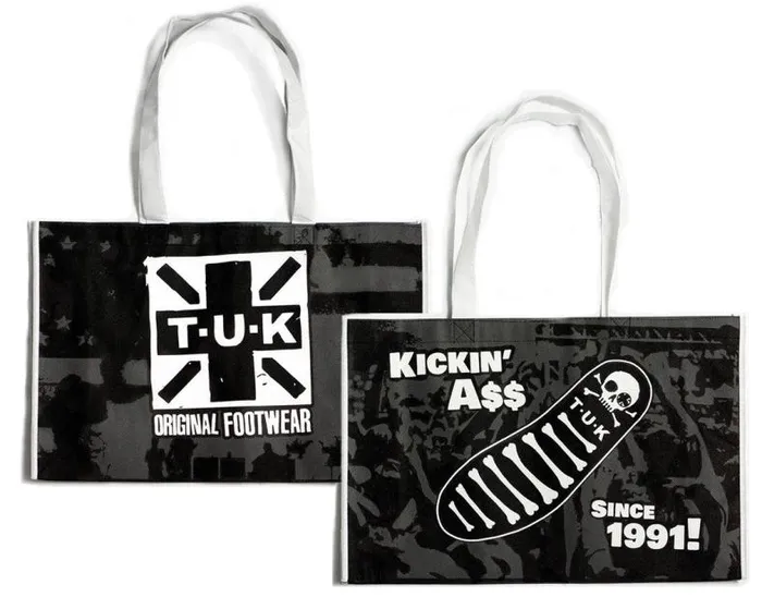 TUK Shoes Stickers Pins Patches Totes Adult TUK Black and White Kick A 1991 Tote Bag TUK Shoes Stickers Pins Patches Totes Adult TUK Black and White Kick A 1991 Tote Bag