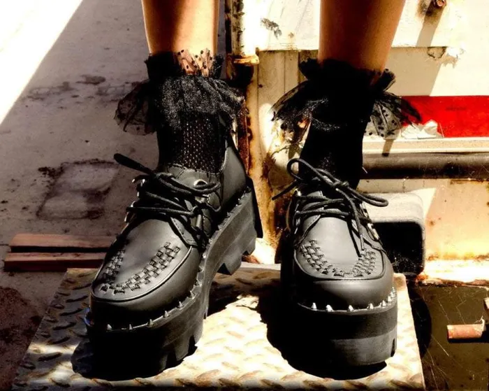 TUK Shoes Vegan Men Black Faux Leather Dino Lug Sole Platform Creepers