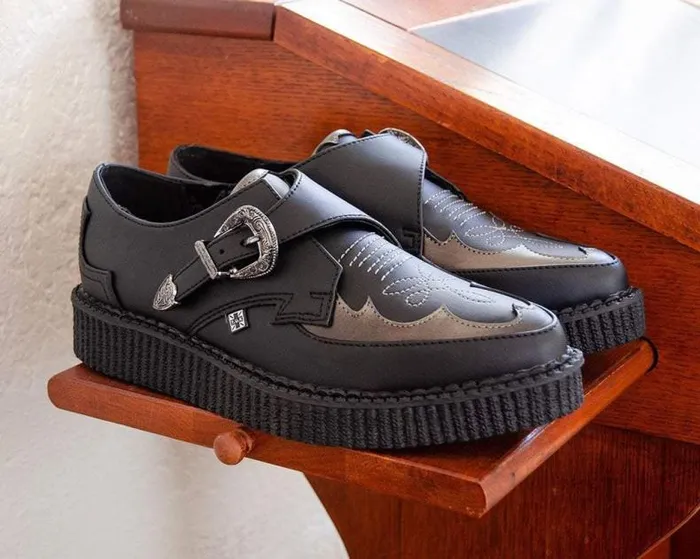 TUK Shoes Vegan Men Black TUKskin Western Antique Buckle Pointed Creeper