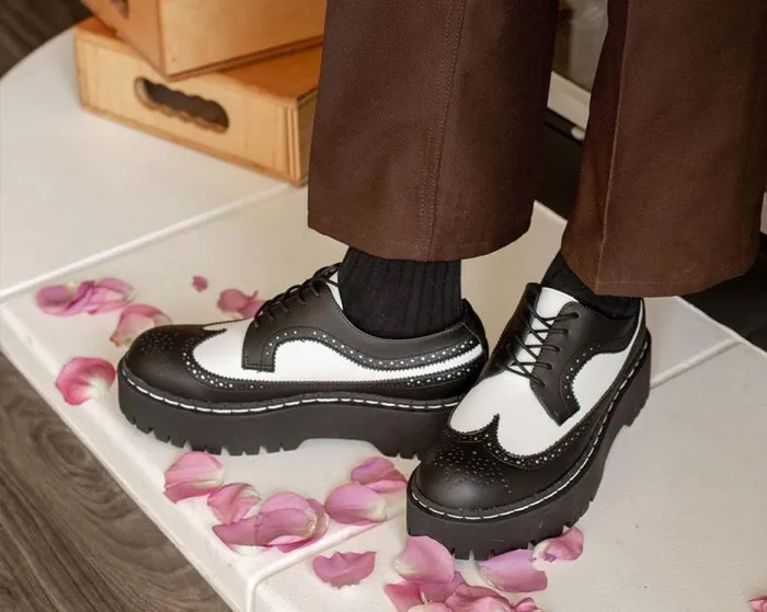 TUK Shoes Vegan Women Black and White Double Decker Brogue TUK Shoes Vegan Women Black and White Double Decker Brogue