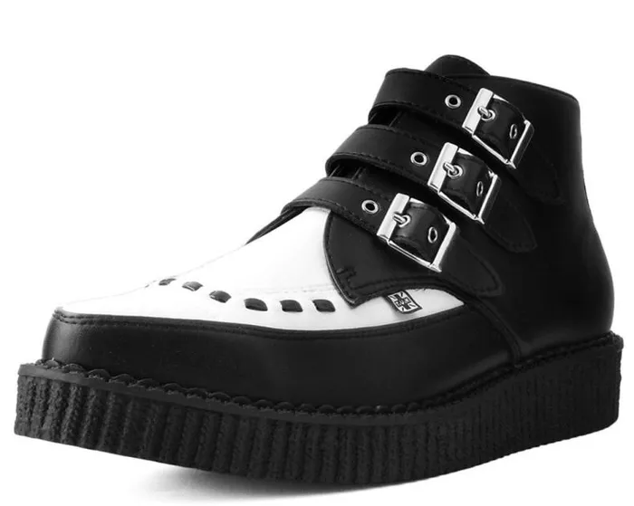 TUK Shoes Vegan Women Black and White TUKskin Vegan 3Buckle Pointed Creeper Boot