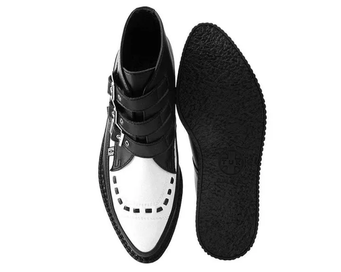 TUK Shoes Vegan Women Black and White TUKskin Vegan 3Buckle Pointed Creeper Boot