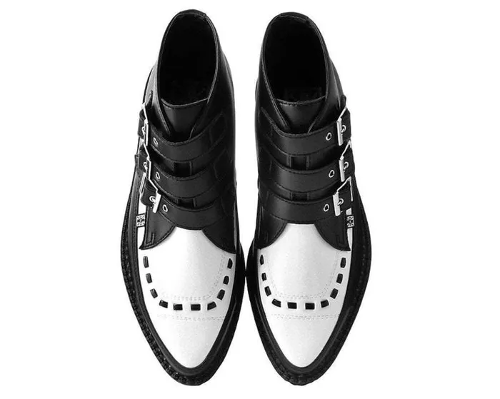 TUK Shoes Vegan Women Black and White TUKskin Vegan 3Buckle Pointed Creeper Boot