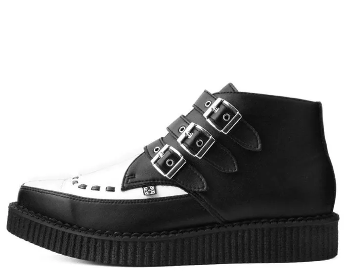 TUK Shoes Vegan Women Black and White TUKskin Vegan 3Buckle Pointed Creeper Boot