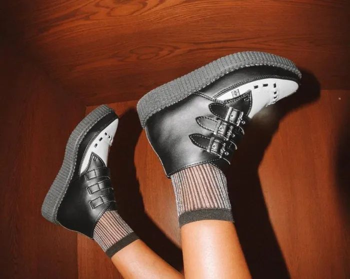 TUK Shoes Vegan Women Black and White TUKskin Vegan 3Buckle Pointed Creeper Boot