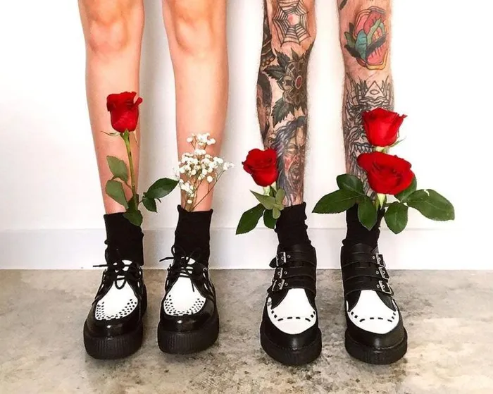 TUK Shoes Vegan Women Black and White TUKskin Vegan 3Buckle Pointed Creeper Boot