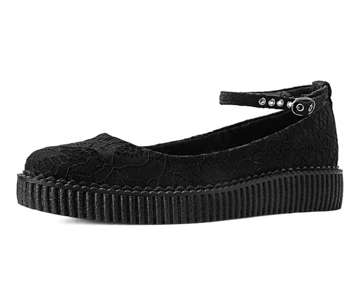 TUK Shoes Vegan Women Black Lace Ballet Ankle Strap Creeper Mary Jane Shoe