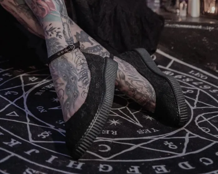 TUK Shoes Vegan Women Black Lace Ballet Ankle Strap Creeper Mary Jane Shoe