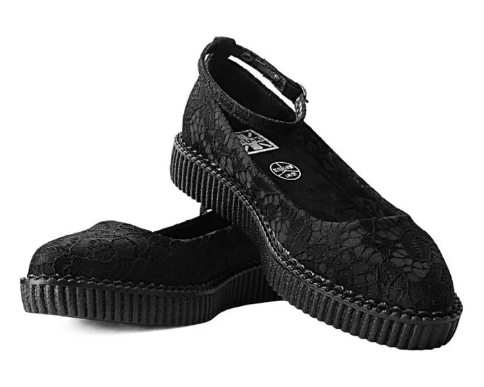 TUK Shoes Vegan Women Black Lace Ballet Ankle Strap Creeper Mary Jane Shoe