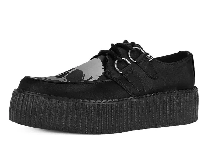TUK Shoes Vegan Women Black Satin Glow Skull Viva Mondo Creeper