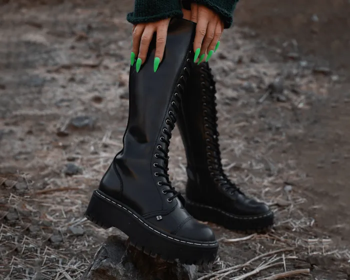 TUK Shoes Vegan Women Black TUKskin Kneehigh Double Decker Boot