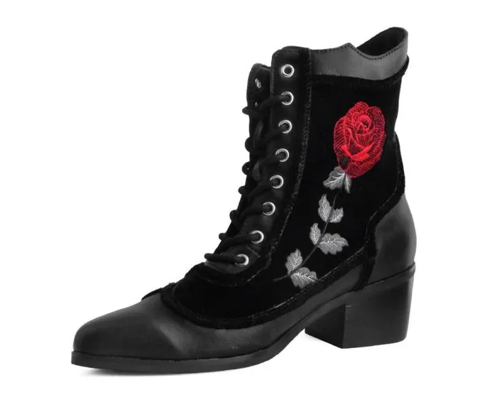 TUK Shoes Vegan Women Black Victorian 8Eye Rose Pointed Anarchic Heel