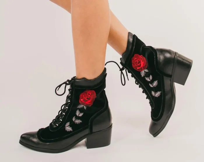 TUK Shoes Vegan Women Black Victorian 8Eye Rose Pointed Anarchic Heel TUK Shoes Vegan Women Black Victorian 8Eye Rose Pointed Anarchic Heel