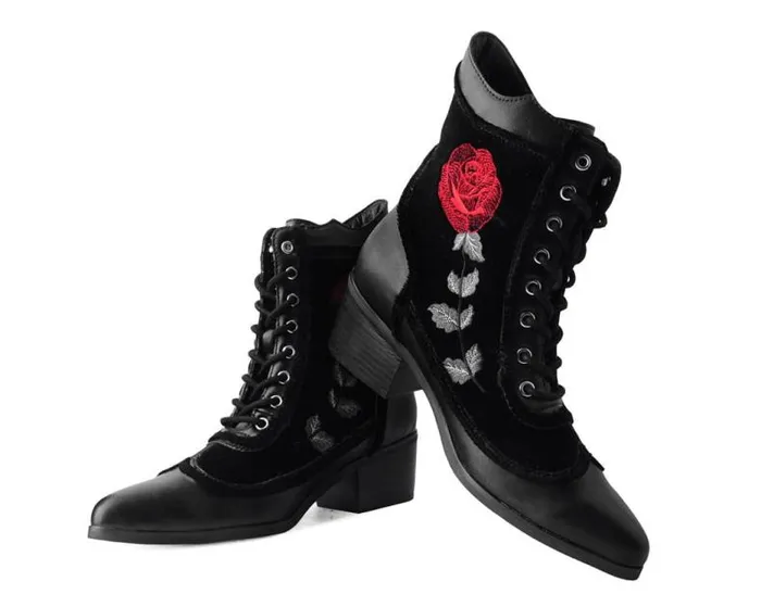 TUK Shoes Vegan Women Black Victorian 8Eye Rose Pointed Anarchic Heel TUK Shoes Vegan Women Black Victorian 8Eye Rose Pointed Anarchic Heel