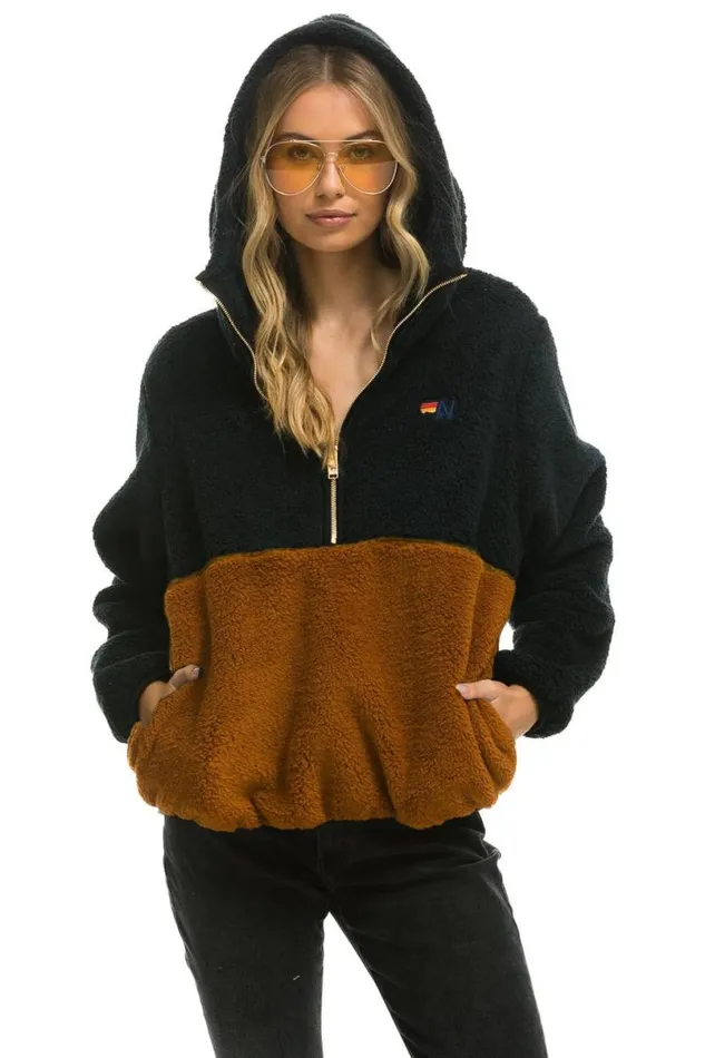Teddy Unisex Hooded Half Zip Color Block Jacket 8211 Black WomenMen Aviator Nation Teddy Jackets Teddy Unisex Hooded Half Zip Color Block Jacket 8211 Black WomenMen Aviator Nation Teddy Jackets