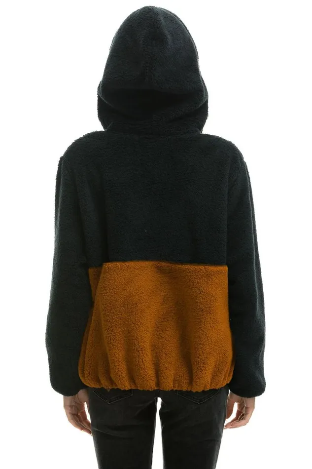 Teddy Unisex Hooded Half Zip Color Block Jacket 8211 Black WomenMen Aviator Nation Teddy Jackets