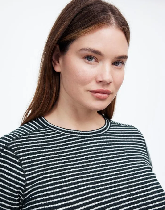 Tees Women Madewell Plus Ribbed Crewneck LongSleeve Tee In Stripe Luxury Forest