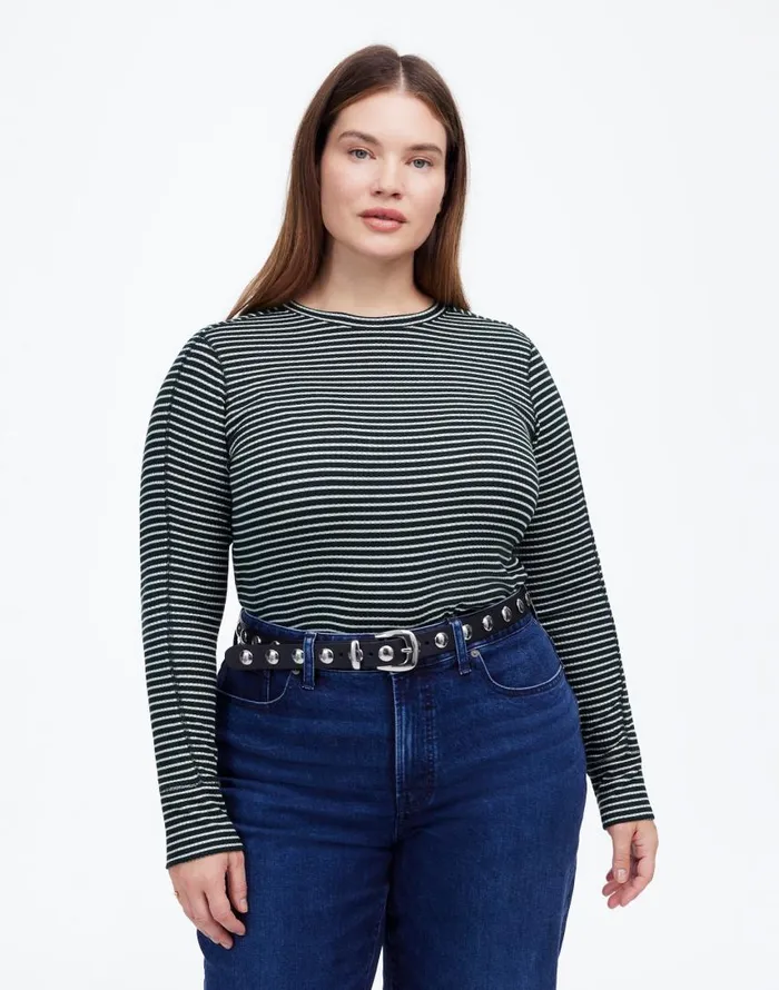 Tees Women Madewell Plus Ribbed Crewneck LongSleeve Tee In Stripe Luxury Forest