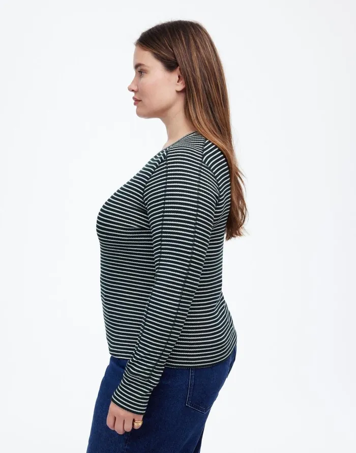 Tees Women Madewell Plus Ribbed Crewneck LongSleeve Tee In Stripe Luxury Forest