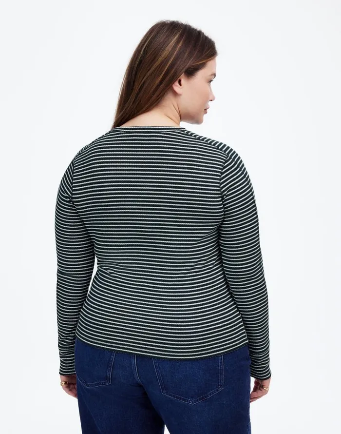 Tees Women Madewell Plus Ribbed Crewneck LongSleeve Tee In Stripe Luxury Forest