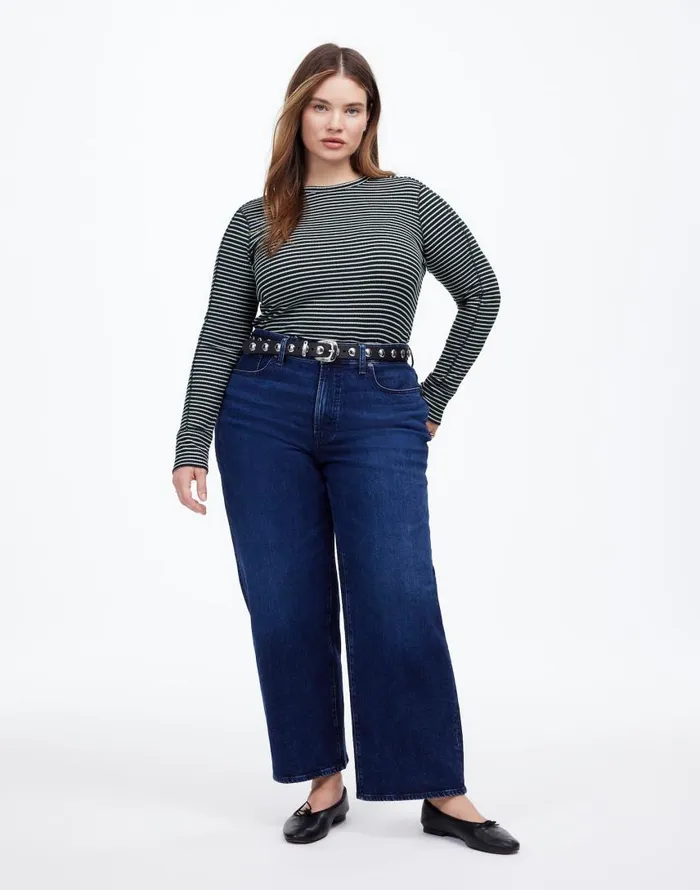 Tees Women Madewell Plus Ribbed Crewneck LongSleeve Tee In Stripe Luxury Forest