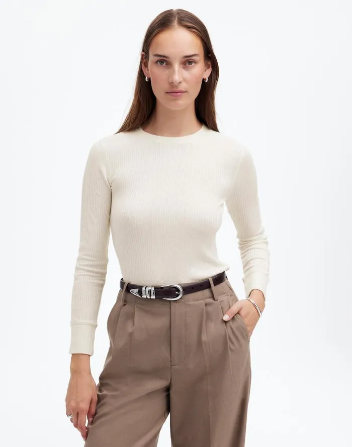 Tees Women Madewell Ribbed Crewneck LongSleeve Tee Hthr Cream