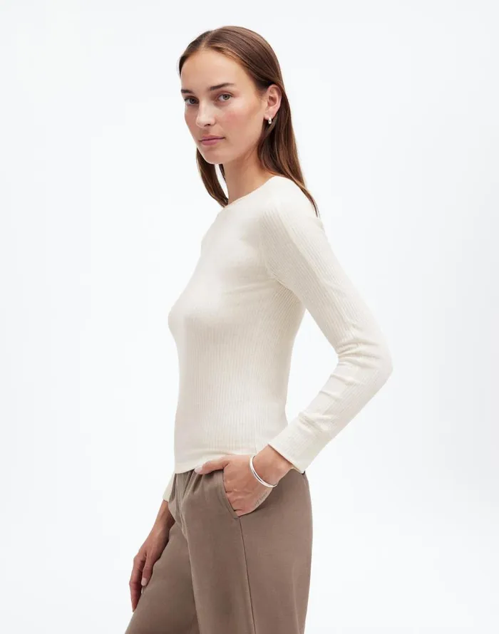 Tees Women Madewell Ribbed Crewneck LongSleeve Tee Hthr Cream