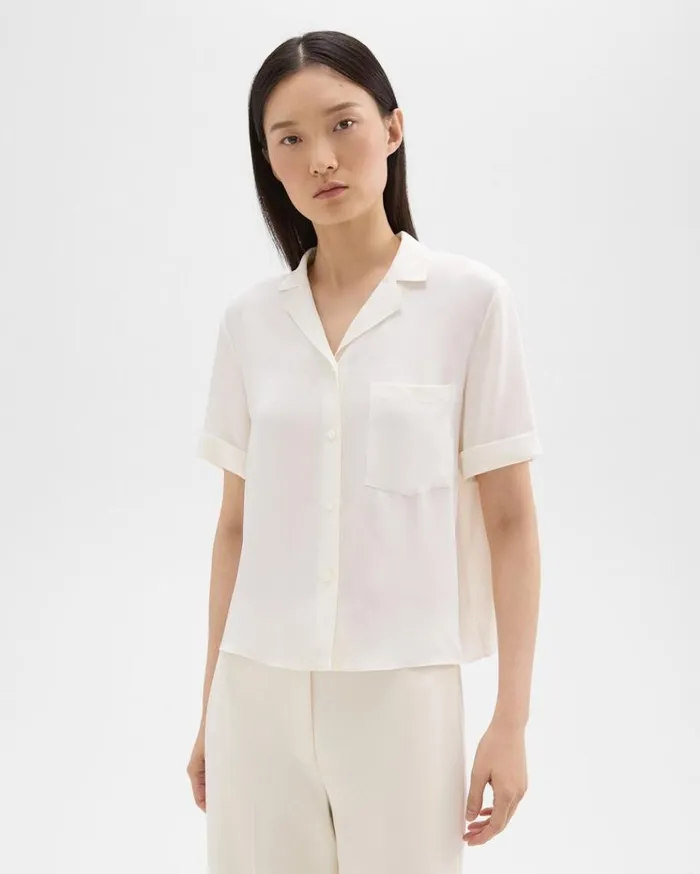 Theory Camp Shirt In Silk Georgette Ivory Women Tops