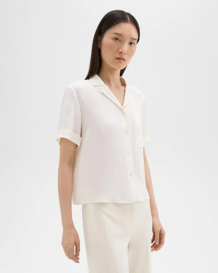 Theory Camp Shirt In Silk Georgette Ivory Women Tops